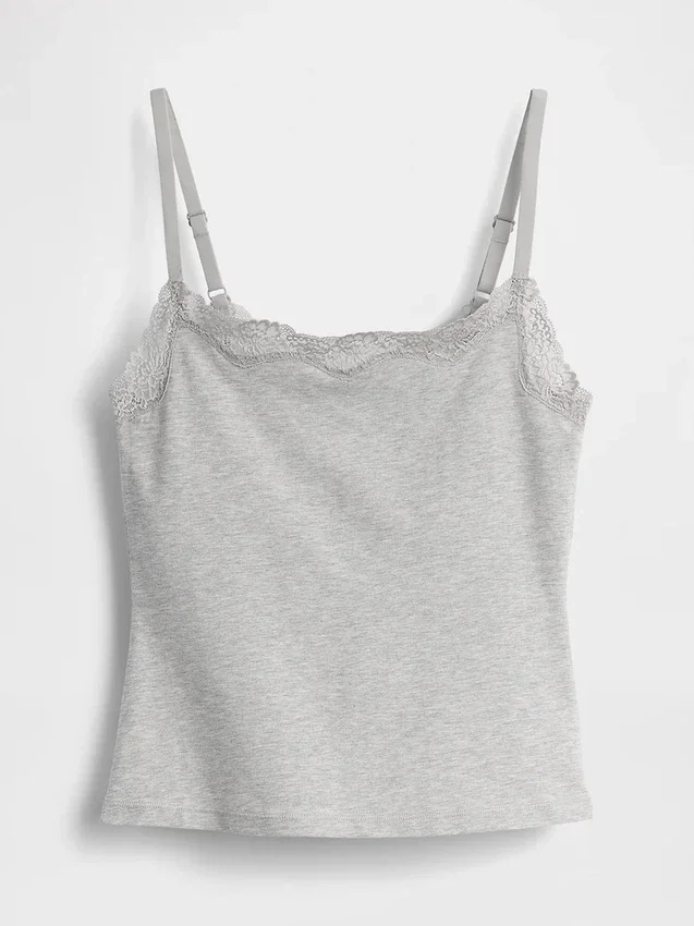 Cami-Top mit integrierten BH-Einsätzen aus Bio-Stretch-Baumwolle mit Spitzenbesatz