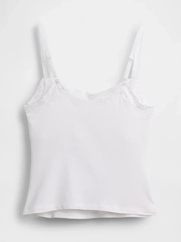 Cami-Top mit integrierten BH-Einsätzen aus Bio-Stretch-Baumwolle mit Spitzenbesatz