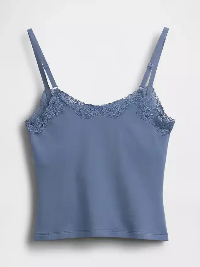 Cami-Top mit integrierten BH-Einsätzen aus Bio-Stretch-Baumwolle mit Spitzenbesatz