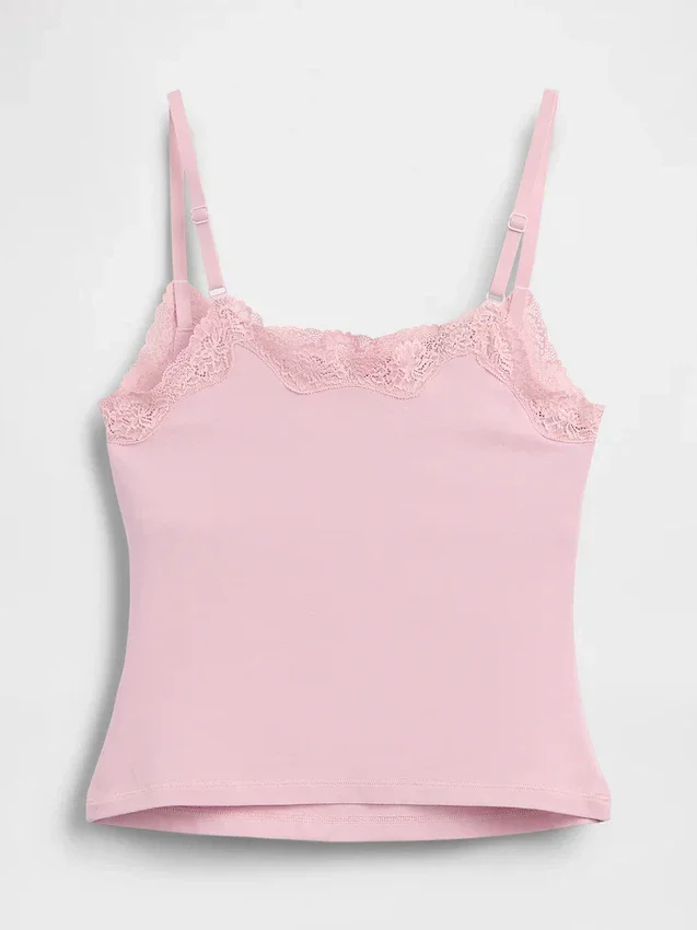 Cami-Top mit integrierten BH-Einsätzen aus Bio-Stretch-Baumwolle mit Spitzenbesatz