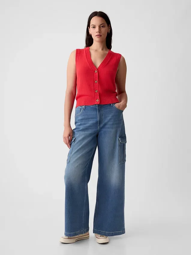Cargo-Jeans mit hoher Leibhöhe und weitem Bein