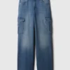 Cargo-Jeans mit hoher Leibhöhe und weitem Bein
