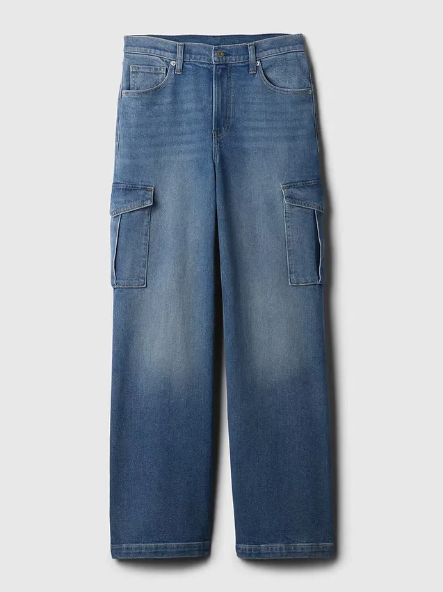 Cargo-Jeans mit hoher Leibhöhe und weitem Bein