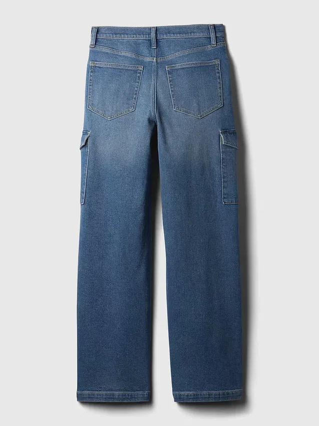 Cargo-Jeans mit hoher Leibhöhe und weitem Bein