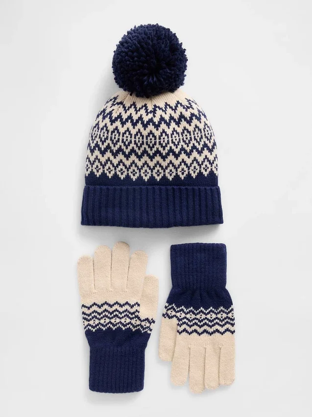 CashSoft Fair-Isle-Set aus Mütze und Handschuhen für Kinder