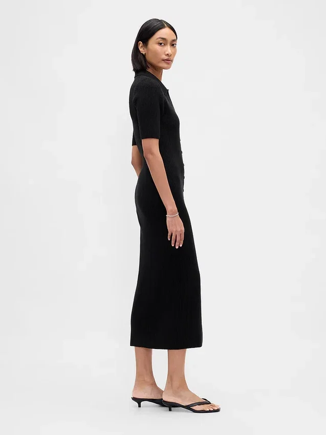 CashSoft Midi-Strickkleid mit geripptem Kragen