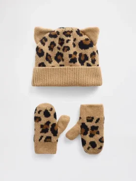 CashSoft-Mütze und Fäustlinge im Leopardenmuster für Baby & Kleinkind
