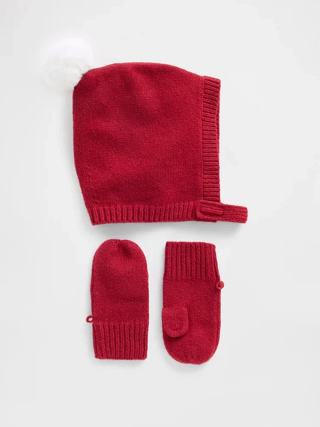 CashSoft-Set aus Mütze mit Bommel und Fäustlingen für Baby & Kleinkind