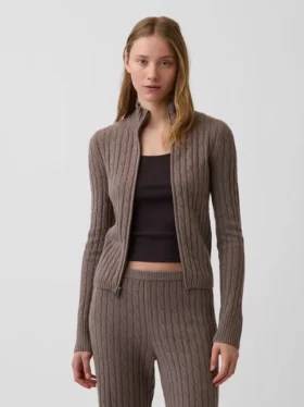 CashSoft-Strickjacke mit Zopfmuster, kurz geschnitten und Reißverschluss