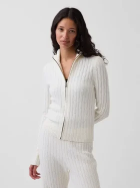 CashSoft-Strickjacke mit Zopfmuster, kurz geschnitten und Reißverschluss