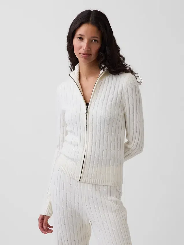 CashSoft-Strickjacke mit Zopfmuster, kurz geschnitten und Reißverschluss