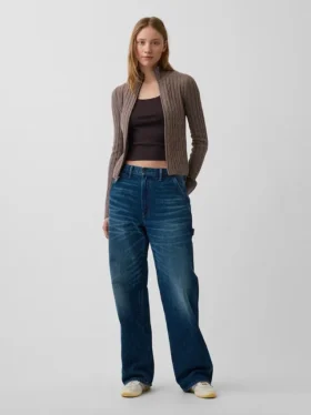 CashSoft-Strickjacke mit Zopfmuster, kurz geschnitten und Reißverschluss