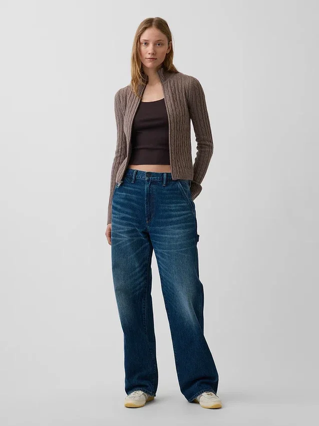 CashSoft-Strickjacke mit Zopfmuster, kurz geschnitten und Reißverschluss