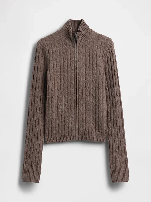 CashSoft-Strickjacke mit Zopfmuster, kurz geschnitten und Reißverschluss
