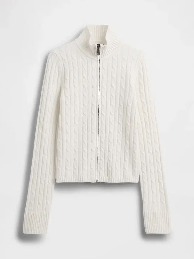 CashSoft-Strickjacke mit Zopfmuster, kurz geschnitten und Reißverschluss