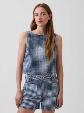 Crop-Oberteil aus Denim mit Gingham-Muster