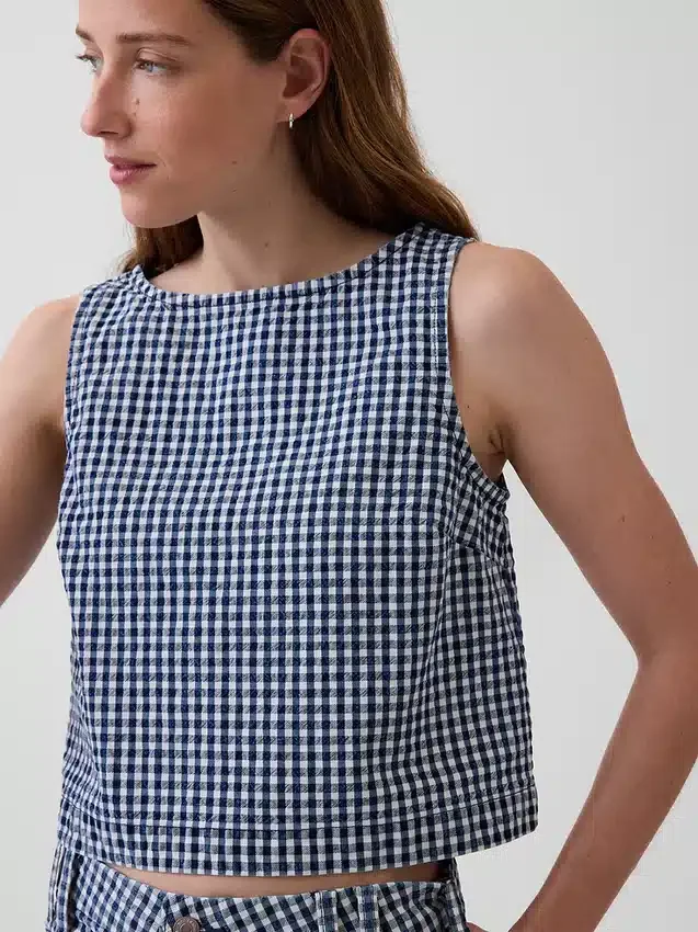 Crop-Oberteil aus Denim mit Gingham-Muster