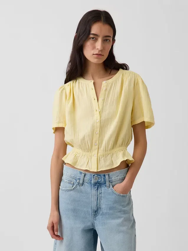 Crop-Oberteil mit Peplum aus Baumwollgaze