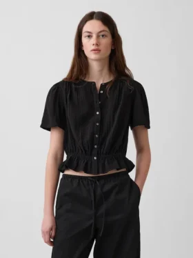 Crop-Oberteil mit Peplum aus Baumwollgaze