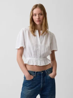 Crop-Oberteil mit Peplum aus Baumwollgaze
