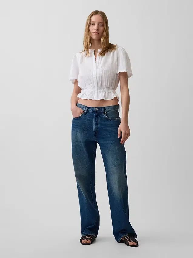 Crop-Oberteil mit Peplum aus Baumwollgaze