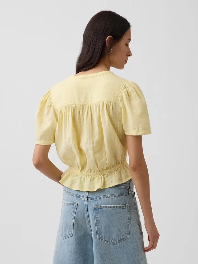 Crop-Oberteil mit Peplum aus Baumwollgaze