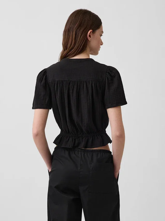 Crop-Oberteil mit Peplum aus Baumwollgaze
