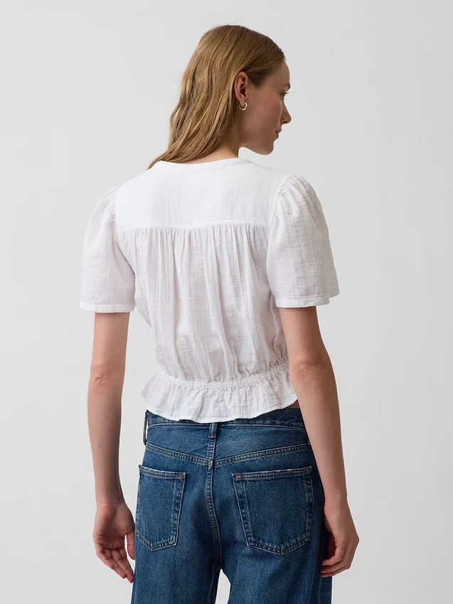 Crop-Oberteil mit Peplum aus Baumwollgaze