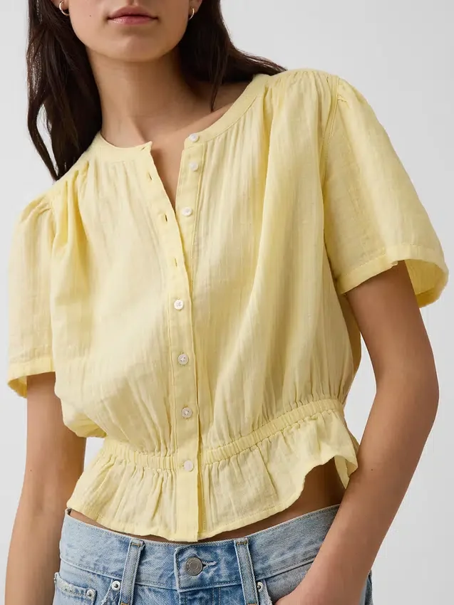 Crop-Oberteil mit Peplum aus Baumwollgaze