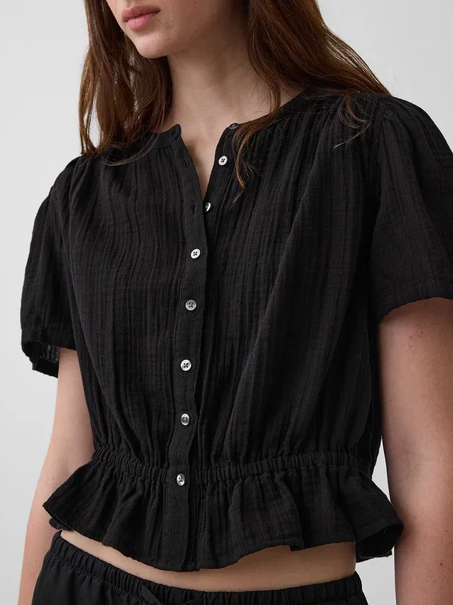 Crop-Oberteil mit Peplum aus Baumwollgaze