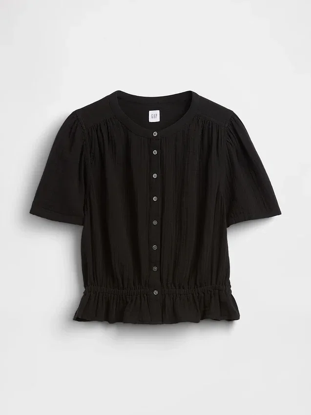 Crop-Oberteil mit Peplum aus Baumwollgaze