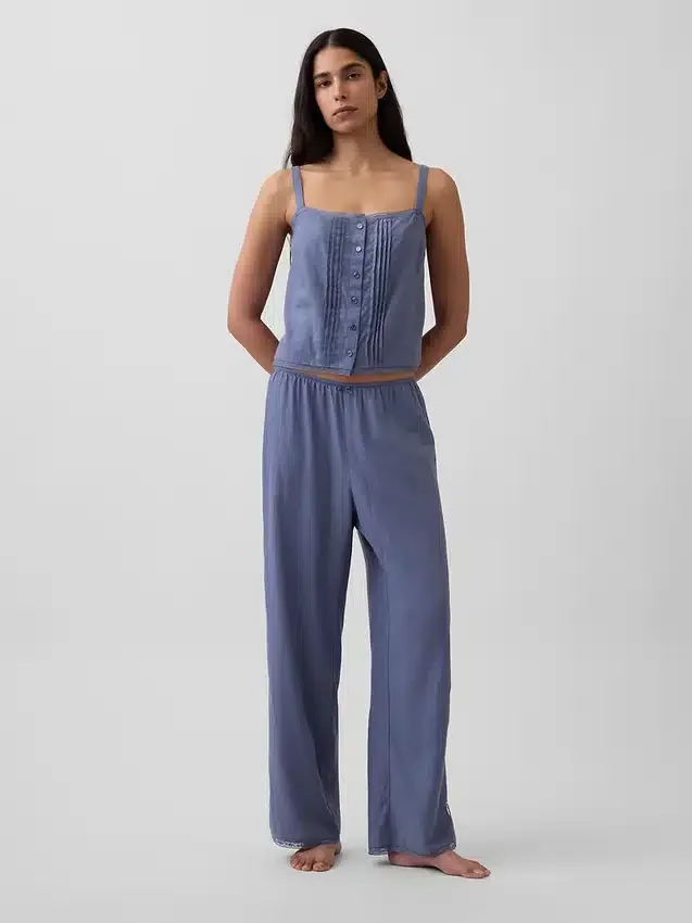 Crop-Pyjama-Oberteil aus Leinenmischung mit Biesen