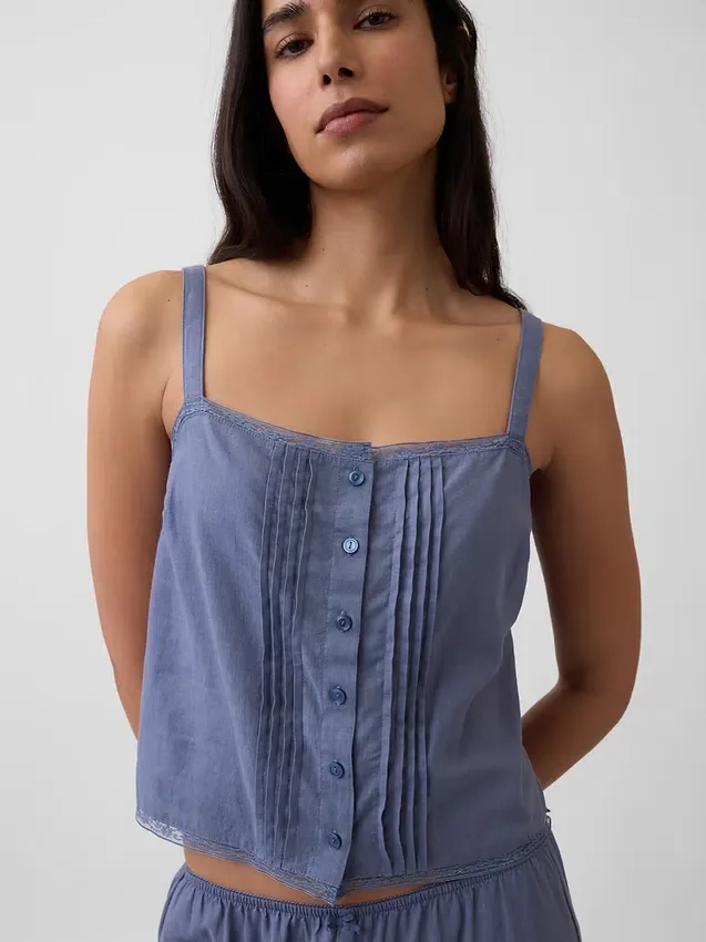 Crop-Pyjama-Oberteil aus Leinenmischung mit Biesen