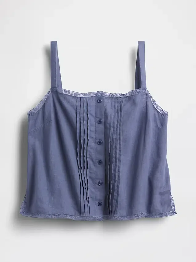 Crop-Pyjama-Oberteil aus Leinenmischung mit Biesen