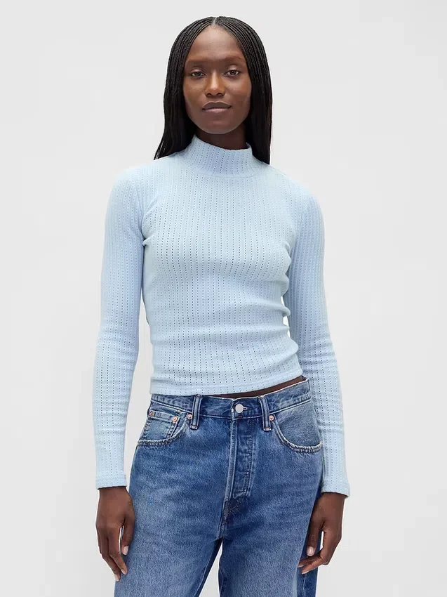 Crop-Rollkragenpullover aus Pointelle-Rippstrick