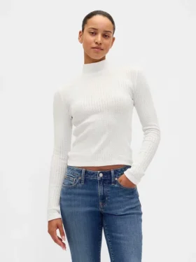 Crop-Rollkragenpullover aus Pointelle-Rippstrick
