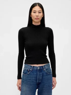 Crop-Rollkragenpullover aus Pointelle-Rippstrick