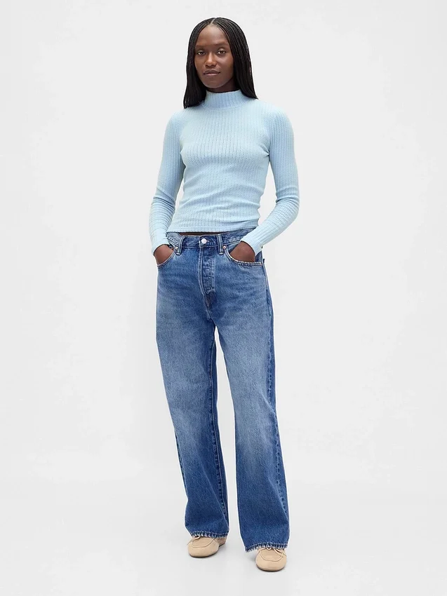 Crop-Rollkragenpullover aus Pointelle-Rippstrick