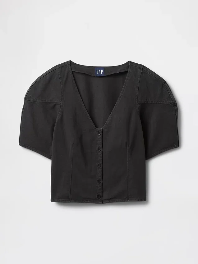 Crop-Shirt aus Denim mit ausgestellten Ärmeln