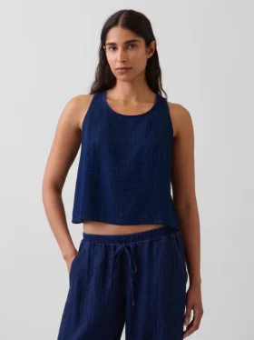 Crop-Top aus Baumwollgaze-Denim