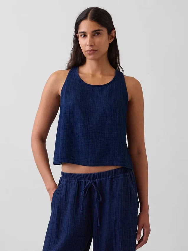 Crop-Top aus Baumwollgaze-Denim