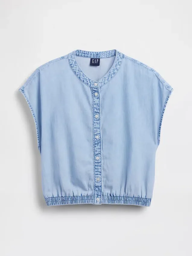 Crop-Top aus Denim mit Flügelärmeln und Knopfleiste vorne