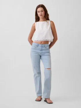 Crop-Top aus Leinenmischung mit Spitzenbesatz am Saum
