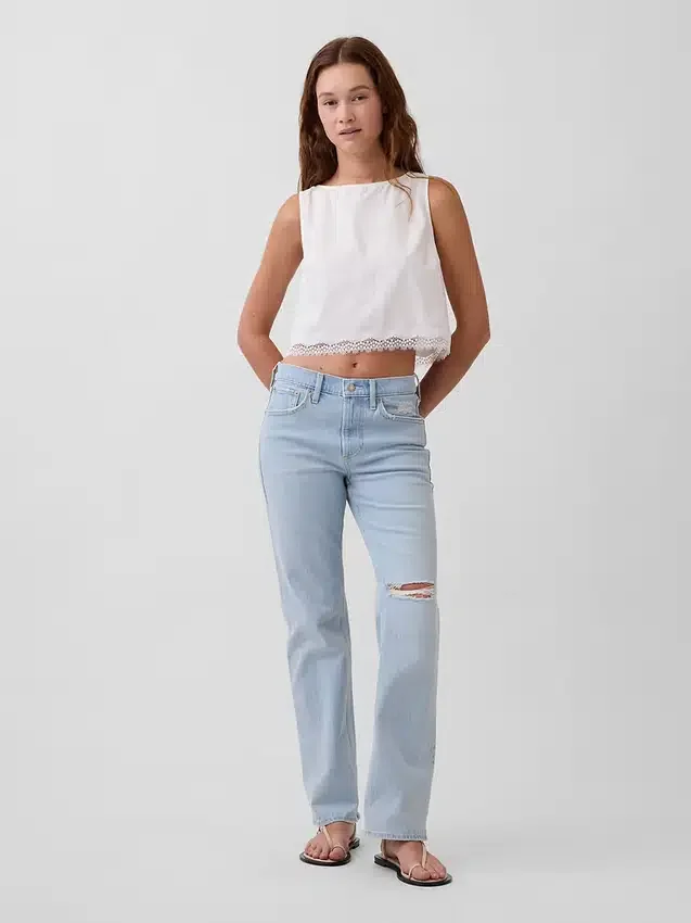 Crop-Top aus Leinenmischung mit Spitzenbesatz am Saum