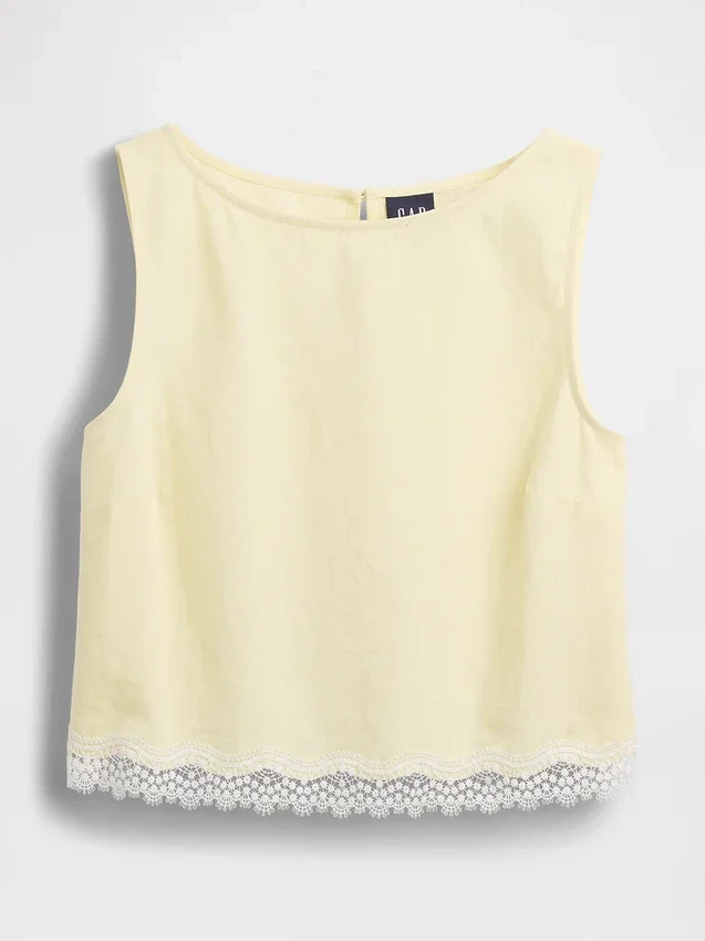 Crop-Top aus Leinenmischung mit Spitzenbesatz am Saum
