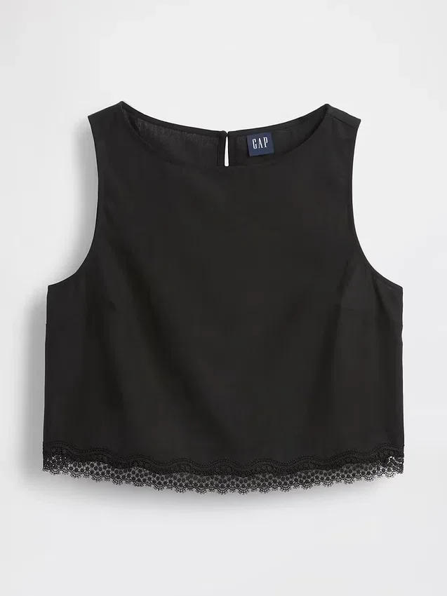 Crop-Top aus Leinenmischung mit Spitzenbesatz am Saum