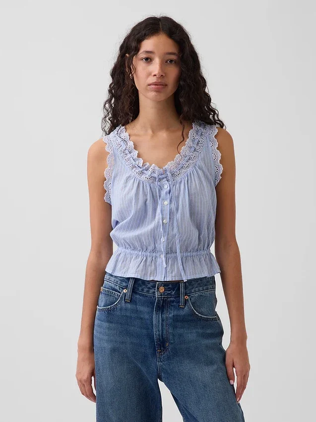 Crop-Top mit Peplum und Ösen-Bindeband vorne