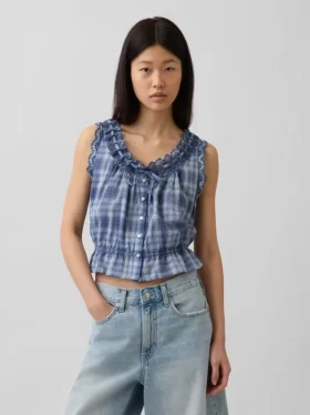 Crop-Top mit Peplum und Ösen-Bindeband vorne