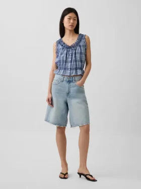 Crop-Top mit Peplum und Ösen-Bindeband vorne