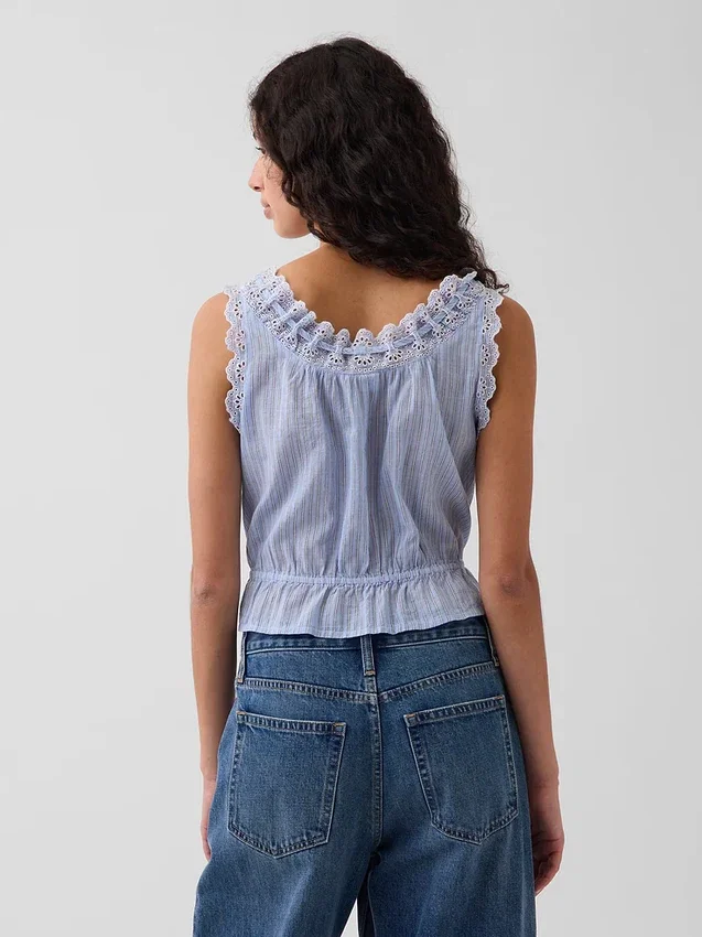 Crop-Top mit Peplum und Ösen-Bindeband vorne